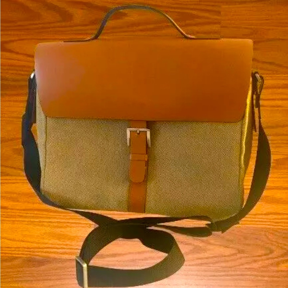 Bey Berk Saddle Leather & Khaki Fabric Messenger Bag /Handle & Adjustable Straps